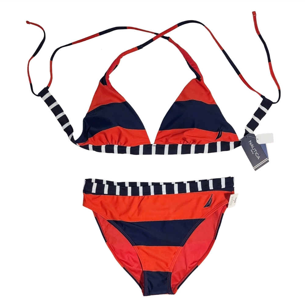 Nautica Swimwear Striped Red and Navy Logo Bikini XL